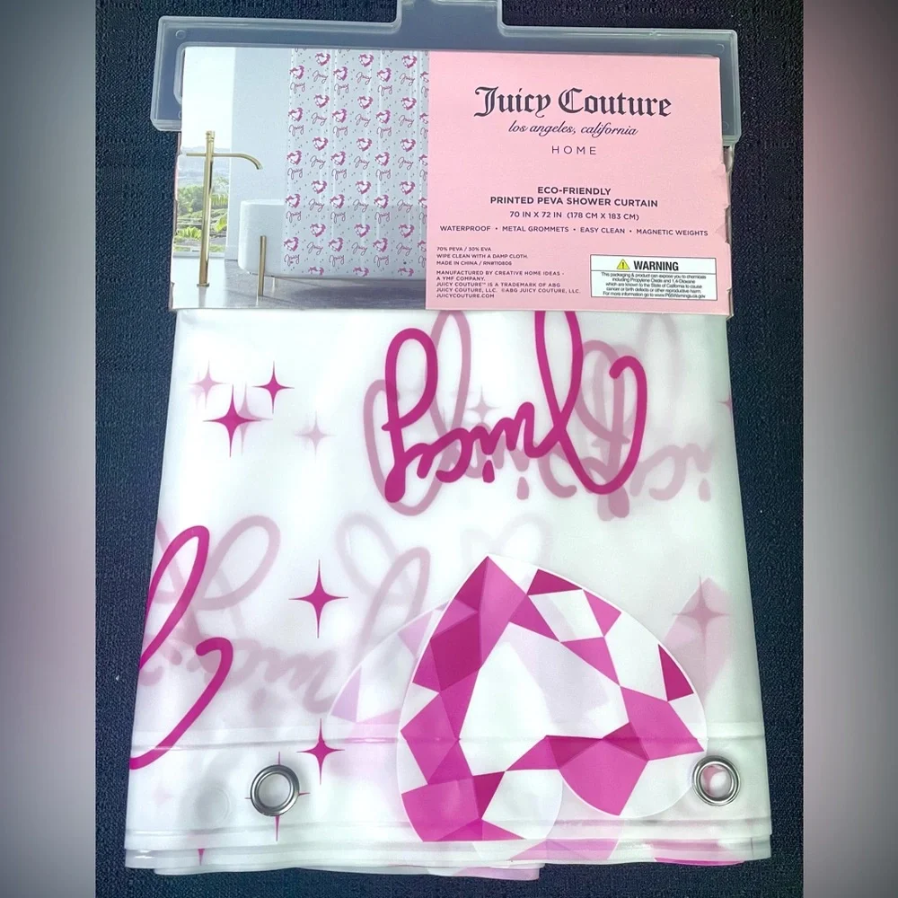 Juicy Couture Pink Geometric Hearts Semi-Clear Shower Curtain PEVA 70x72 NWT
